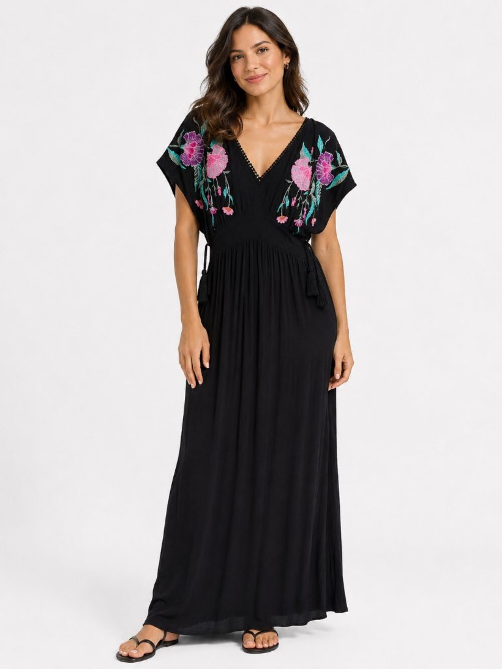 See and Be Seen Black Embroidered Floral Boho Maxi Dress NWOT
